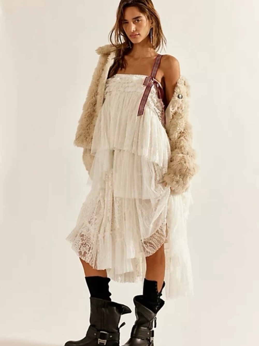 NWT!  Free People Isabel Tiered Lace Tulle Midi Dress Skirt ~ XS